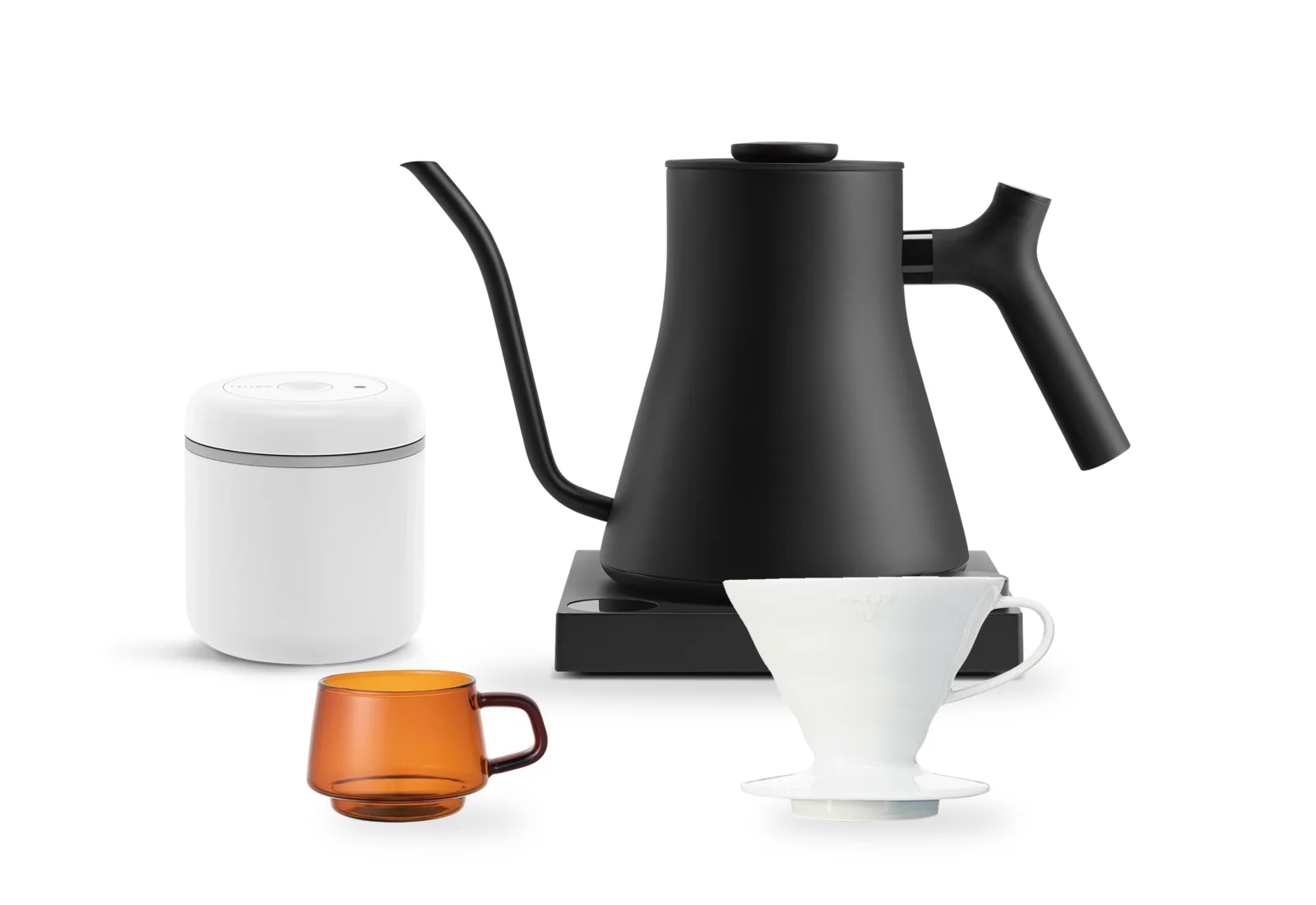 Fellow Atmos canister, Fellow Stagg EKG Pro kettle, Hario V60 dripper and Kinto Sepia cup