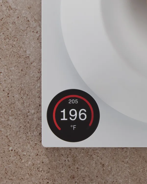 The matte white base and its temperature display, from above